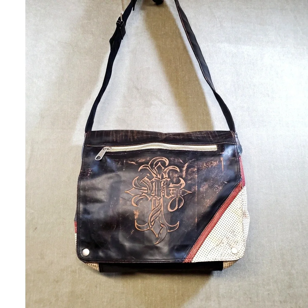 Wilsons Leather M. Julian Distressed Gothic Y2K Messenger Bag Black Brown Red